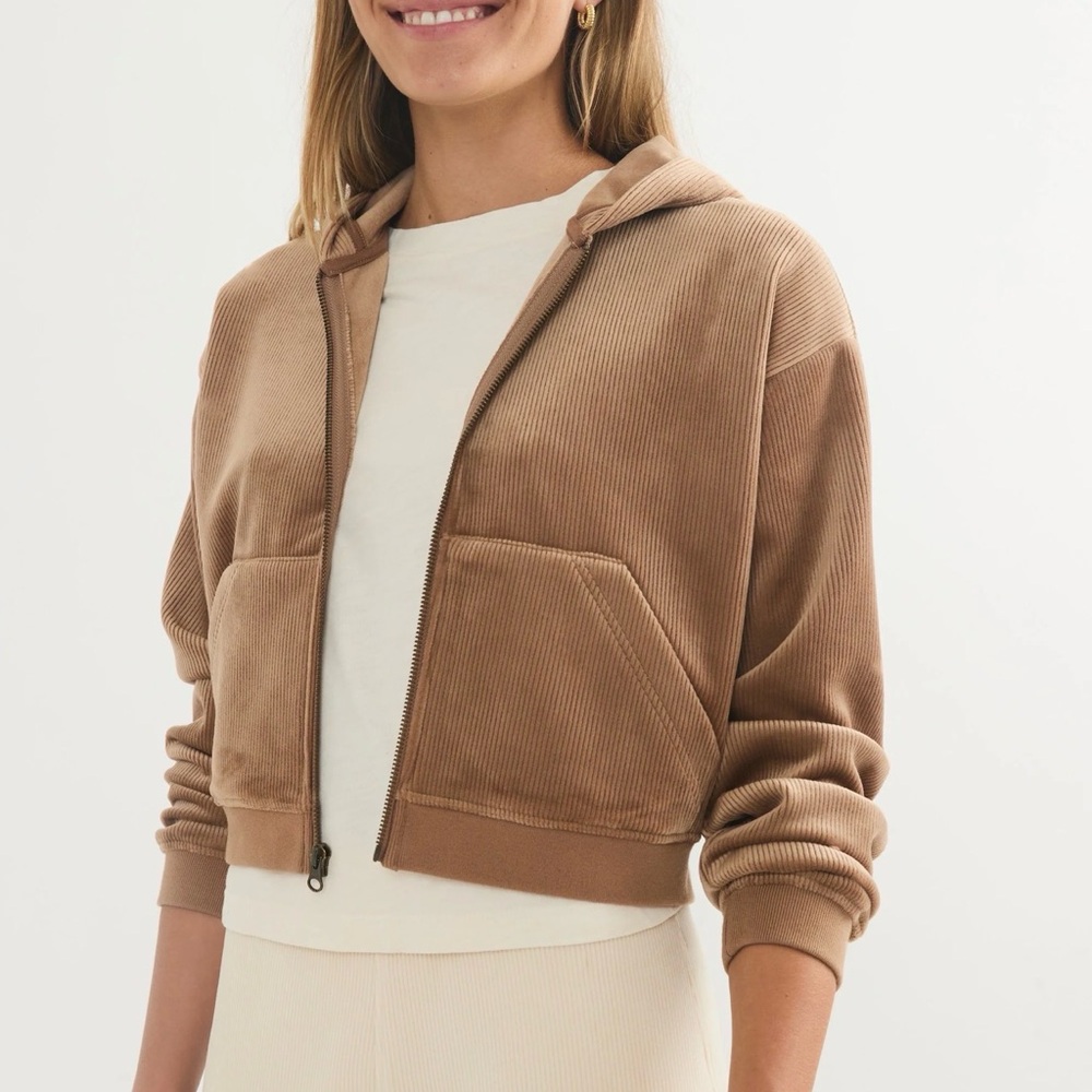 Marine Layer zip up HOODY crop Corduroy Velour toffee women's sweater size Large